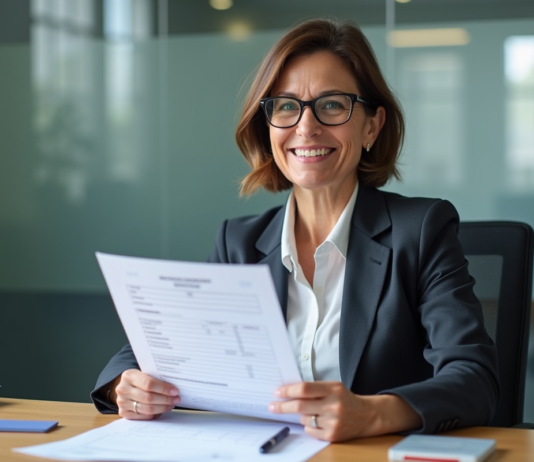 Femme d'affaires avec formulaire médical en bureau officiel