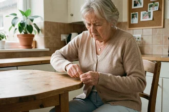 Femme âgée atteinte d'Alzheimer tentant de boutonner son gilet seule, illustrant les difficultés dans les activités de la vie quotidienne évaluées par le score ADL