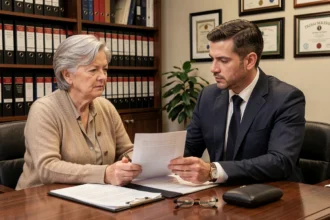 Une femme âgée et un conseiller juridique examinent ensemble un document de curatelle dans un bureau de notaire