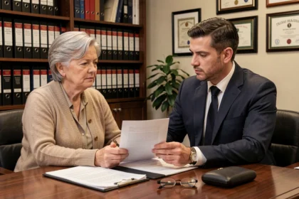 Une femme âgée et un conseiller juridique examinent ensemble un document de curatelle dans un bureau de notaire