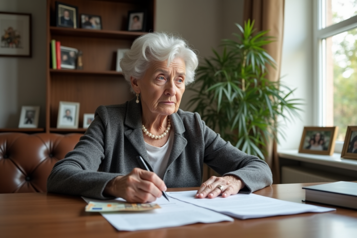 femme-agee-documents-argent Femme agee examine documents et argent dans un salon lumineux