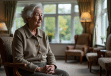 Femme agee assise dans un salon de retraite contemplative