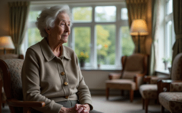 Abandonner ses parents en maison de retraite : quel impact sur eux ? Femme agee assise dans un salon de retraite contemplative