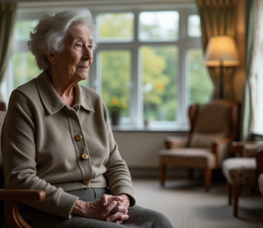 Abandonner ses parents en maison de retraite : quel impact sur eux ? Femme agee assise dans un salon de retraite contemplative