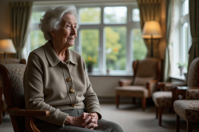 Femme agee assise dans un salon de retraite contemplative