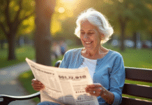 Femme agee souriante lisant un journal dans un parc ensoleille