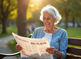 Espérance de vie à 90 ans, chiffres et tendances Femme agee souriante lisant un journal dans un parc ensoleille