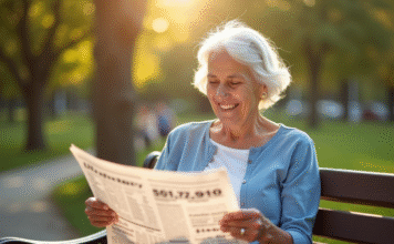 Femme agee souriante lisant un journal dans un parc ensoleille
