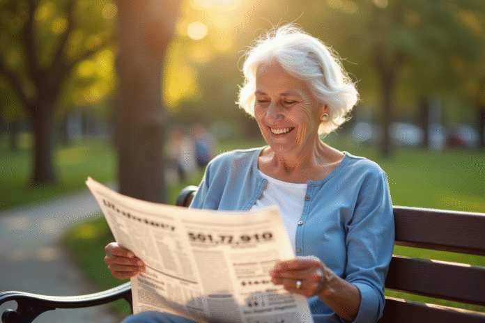 Femme agee souriante lisant un journal dans un parc ensoleille