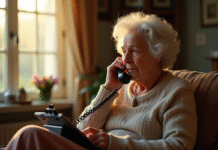 Femme agee parlant au telephone retro dans son salon
