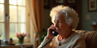 Femme agee parlant au telephone retro dans son salon