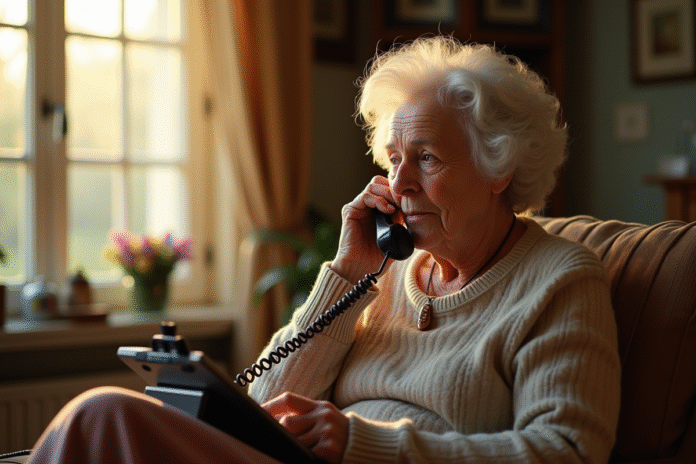 Femme agee parlant au telephone retro dans son salon