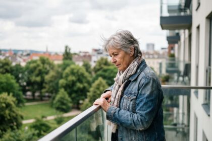 Femme âgée regardant un parc depuis un balcon