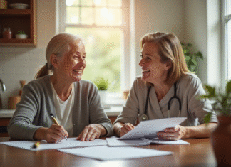 GIR 4 : Qui y a droit et quelles conditions ? Femme d'âge moyen et aidante souriantes à la table