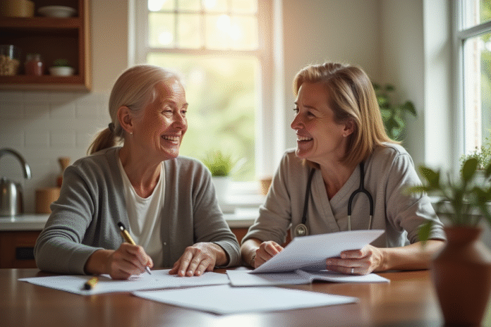 Femme d'âge moyen et aidante souriantes à la table