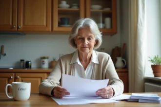 Femme d'environ 55 ans examine des documents officiels dans sa cuisine