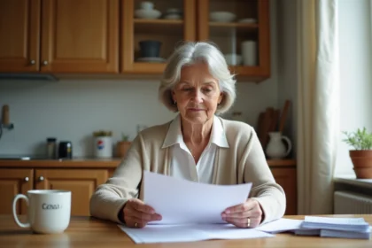 Femme d'environ 55 ans examine des documents officiels dans sa cuisine