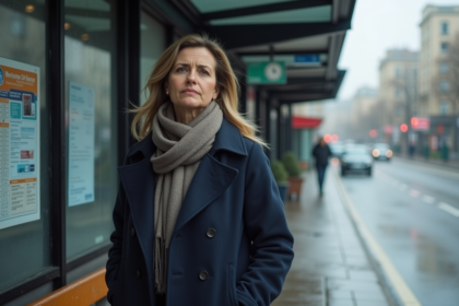 Femme d'âge moyen au arrêt de bus urbain sous la pluie