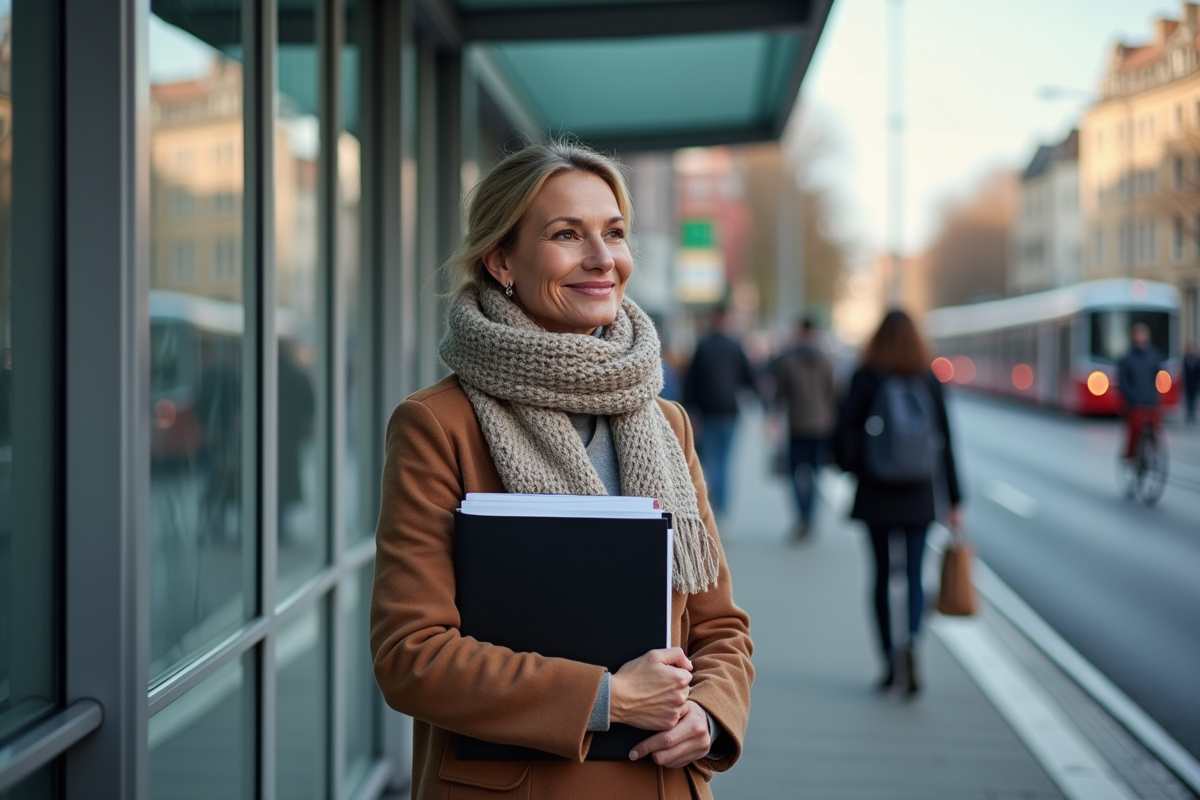Femme souriante attendant à un arrêt de bus urbain belge