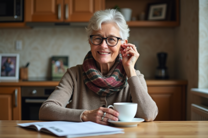 Femme souriante ajustant une aide auditive à l'oreille