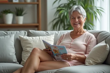 Femme d'âge moyen en babygro pastel lisant un magazine dans un salon