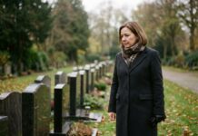 Pompes funèbres : comment gérer le deuil et l’organisation ? Femme d'âge moyen dans un manteau sombre dans un cimetière paisible