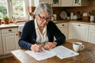 Femme de 58 ans consultant ses relevés de trimestres retraite à la table de cuisine, préparant sa retraite 2026