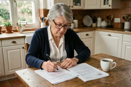 Femme de 58 ans consultant ses relevés de trimestres retraite à la table de cuisine, préparant sa retraite 2026