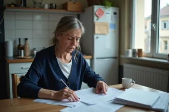Femme d'une cinquantaine d'années examinant des documents CAF et aides sociales sur une table de cuisine dans un appartement modeste en France