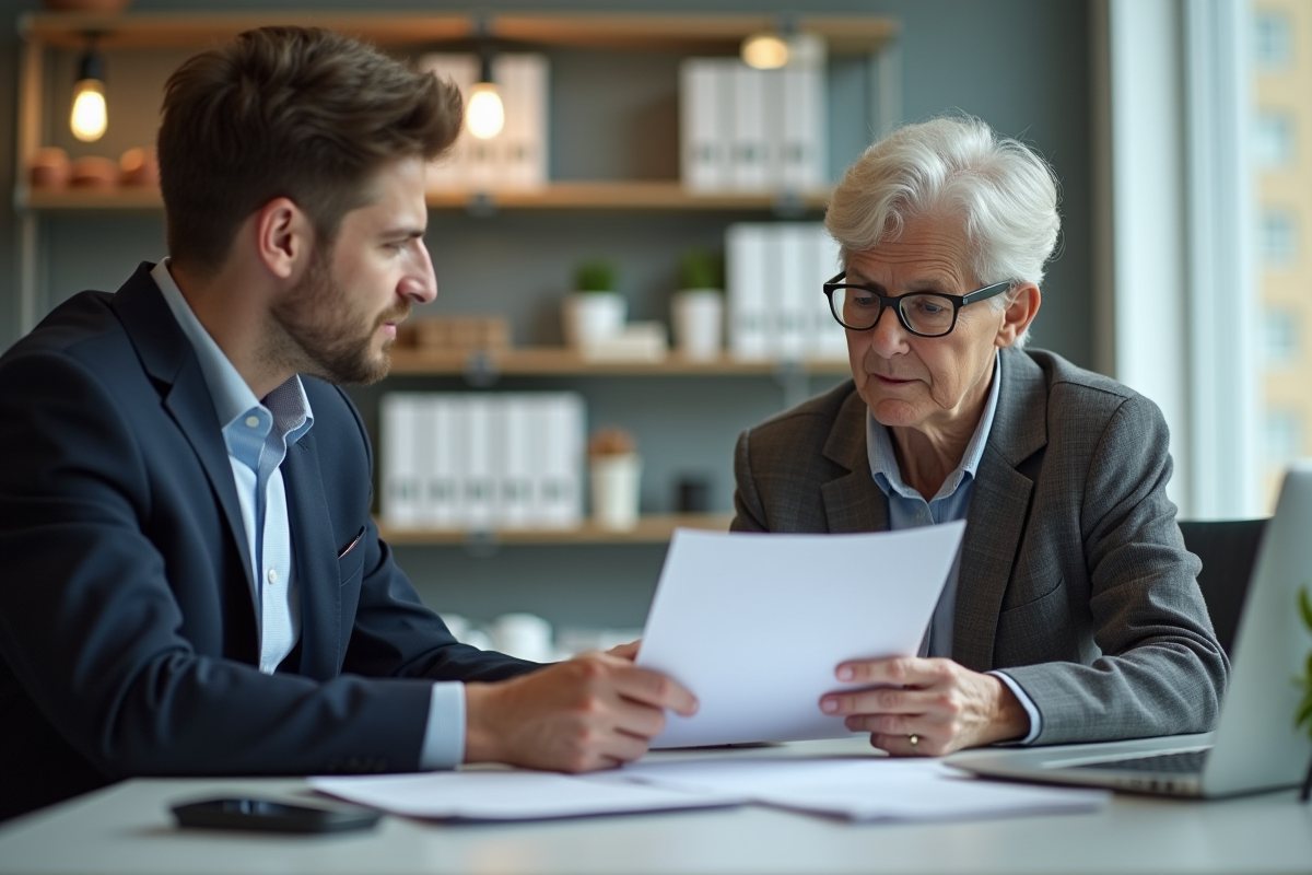 Femme âgée rencontrant un conseiller financier en bureau moderne
