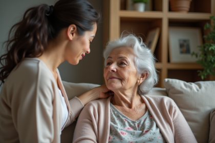Femme âgée avec sa fille dans un salon chaleureux