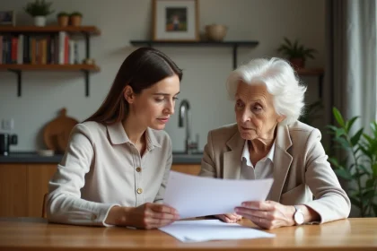 Femme âgée et fille discutent documents officiels à la maison