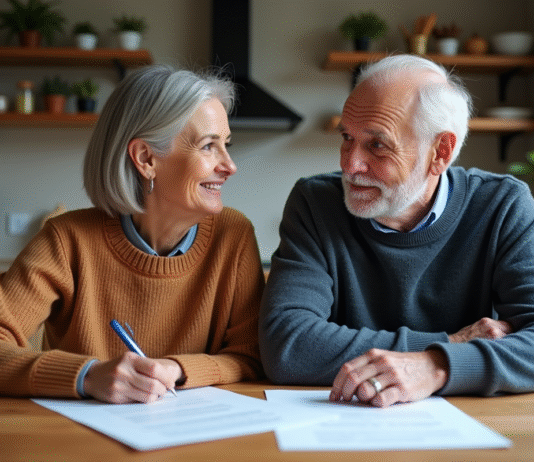 Femme d'âge moyen et homme âgé à la cuisine avec documents