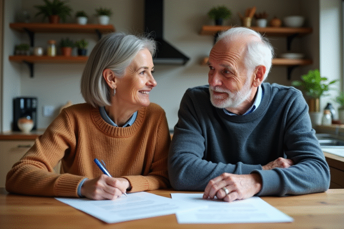 femme-elderly-papiers-kitchen Femme d'âge moyen et homme âgé à la cuisine avec documents