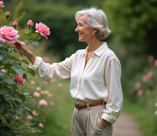 Âge d’or d’une femme : Comment le vivre pleinement ? Femme élégante dans un jardin fleuri avec roses