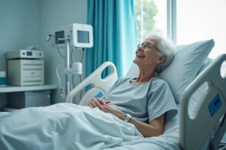 Femme âgée souriante dans un lit d'hôpital moderne