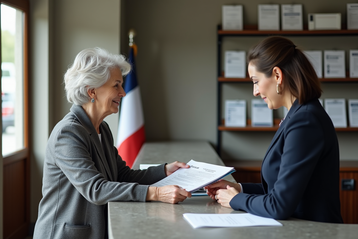 Femme âgée remettant documents fiscaux à un agent