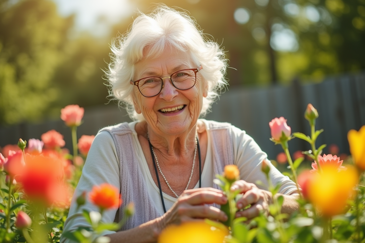 Femme âgée prenant soin de ses fleurs dans un jardin ensoleille