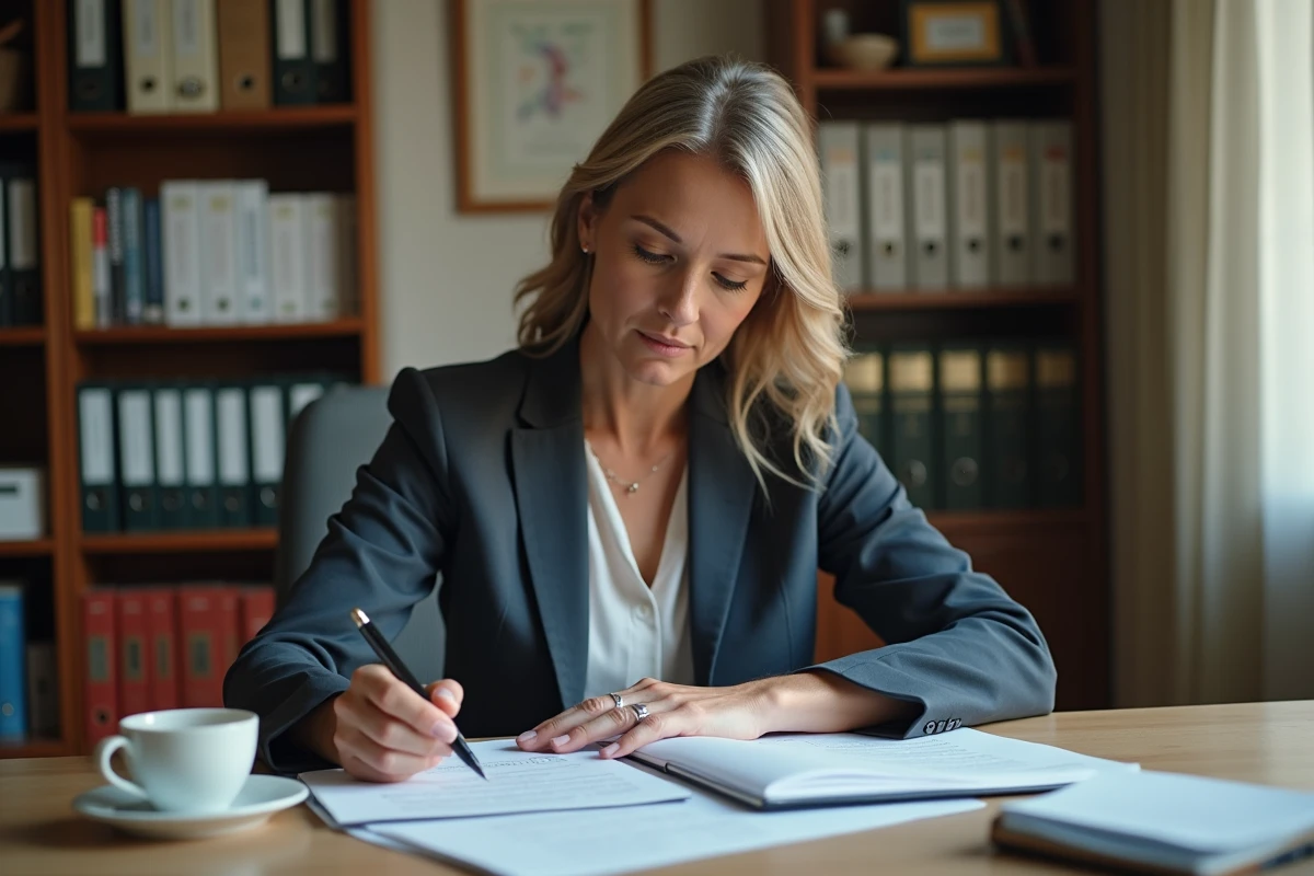 Une femme examine attentivement un document officiel du département concernant l'obligation alimentaire et le calcul de la participation aux frais d'hébergement en EHPAD