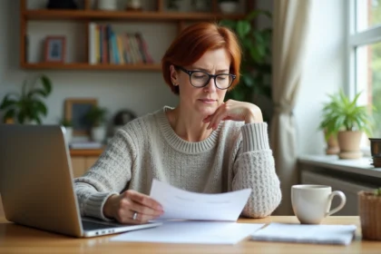 Femme d'âge moyen lit des documents dans la cuisine