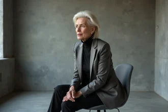 Femme de 60 ans en portrait studio avec veste métallique