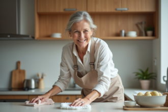 Femme d age moyen nettoyant un plan de cuisine moderne