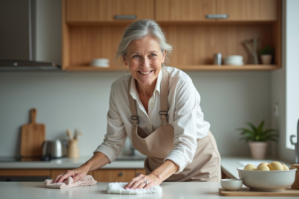 Femme d age moyen nettoyant un plan de cuisine moderne
