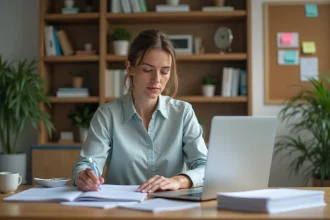 Femme organisée travaillant sur ses finances à domicile