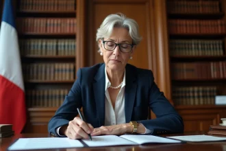 Femme politique française en bureau officiel examinant des documents liés à sa retraite
