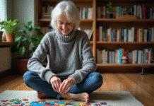 Femme d'âge moyen jouant au puzzle dans un salon chaleureux