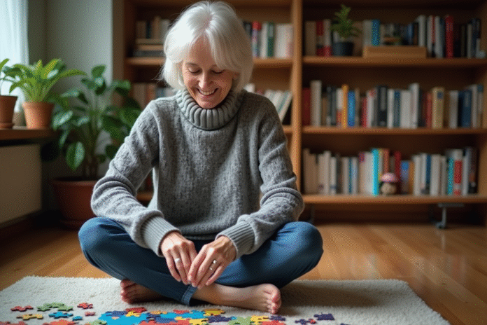 Femme d'âge moyen jouant au puzzle dans un salon chaleureux
