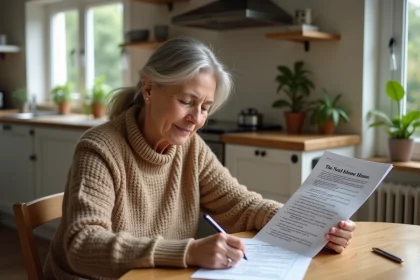 Femme concentrée recherchant des maisons de retraite