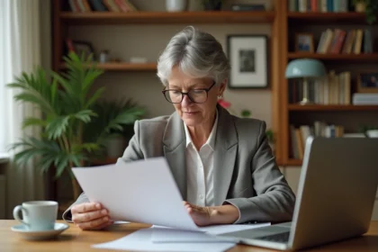 Femme d'âge moyen examine documents de retraite à la maison