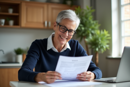Femme d'âge moyen souriante lit des documents de retraite
